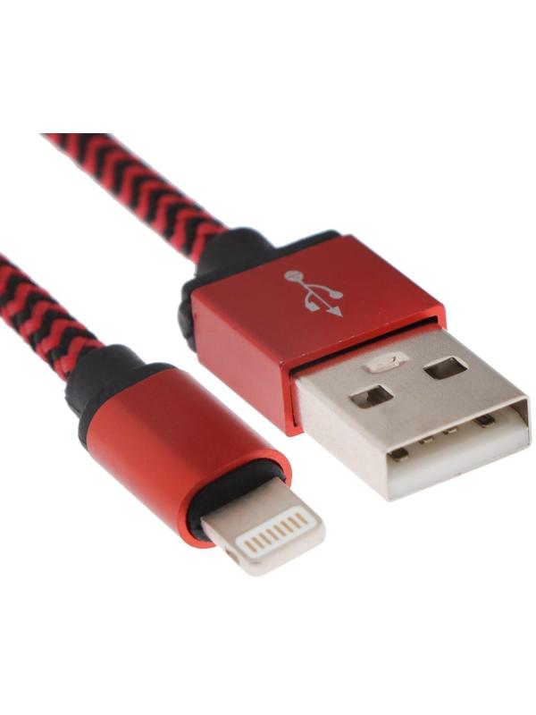 Кабель LuazON, Lightning - USB, 1 А, 1 м, оплётка нейлон, красный