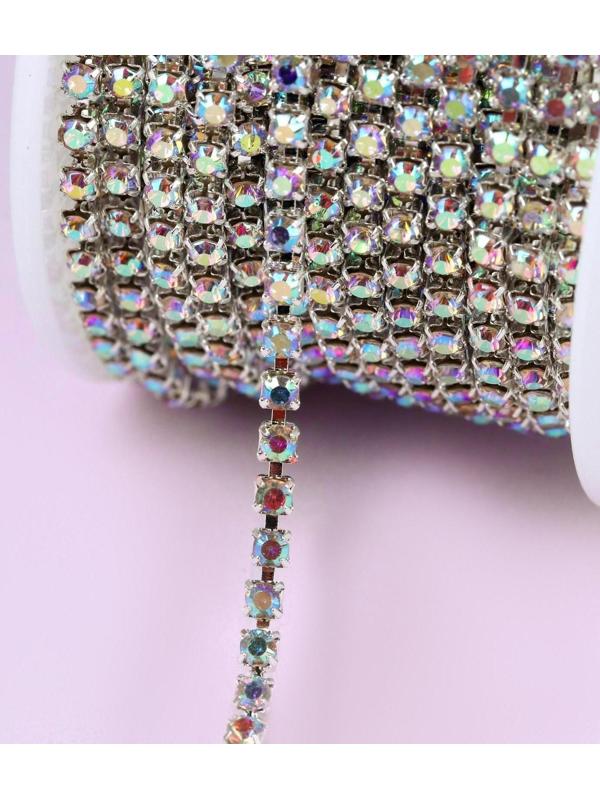 Цепь со стразами, с голографией, 3 мм, 9 ± 1 м, цвет серебряный