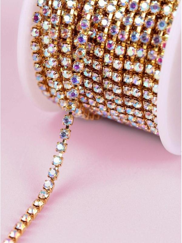 Цепь со стразами, с голографией, 2 мм, 9 ± 1 м, цвет золотой