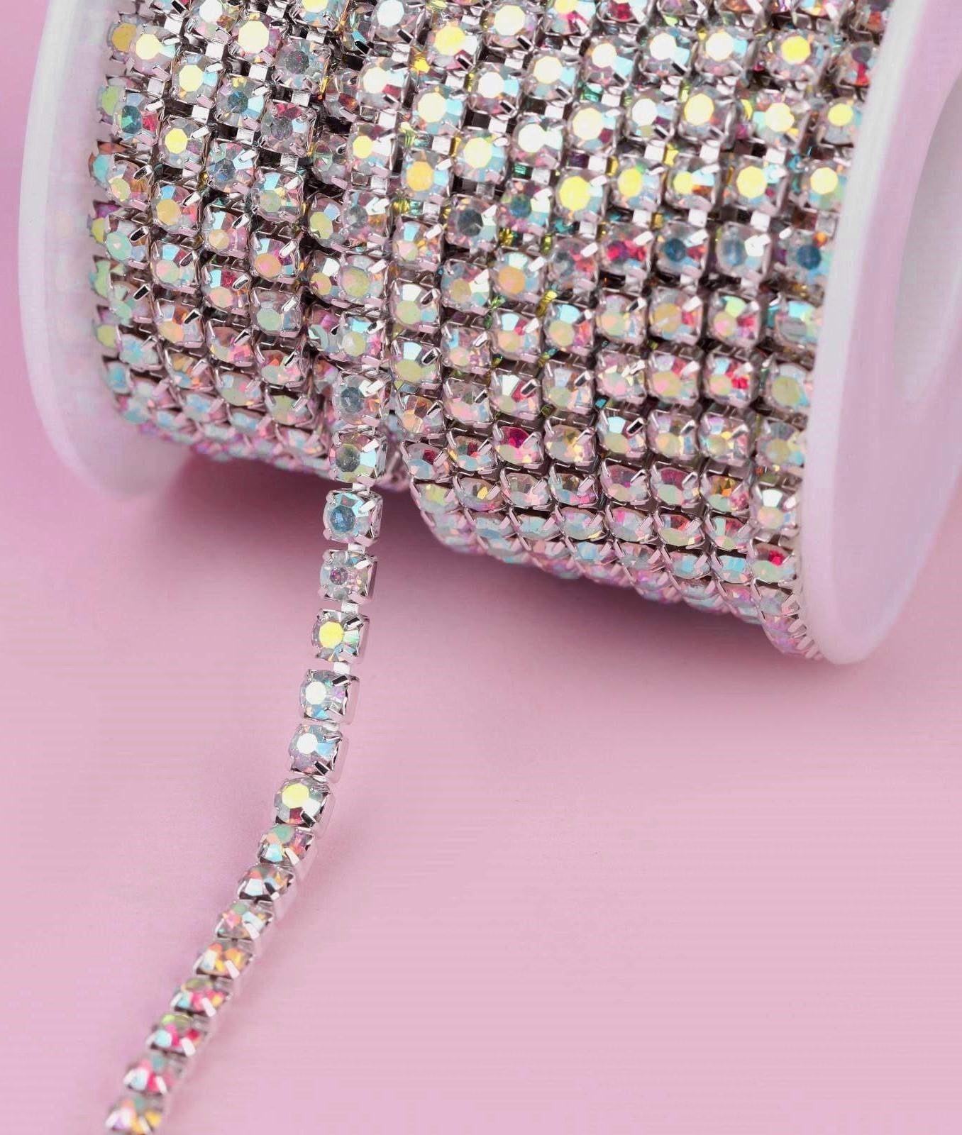 Цепь со стразами, с голографией, 3,5 мм, 9 ± 1 м, цвет серебряный