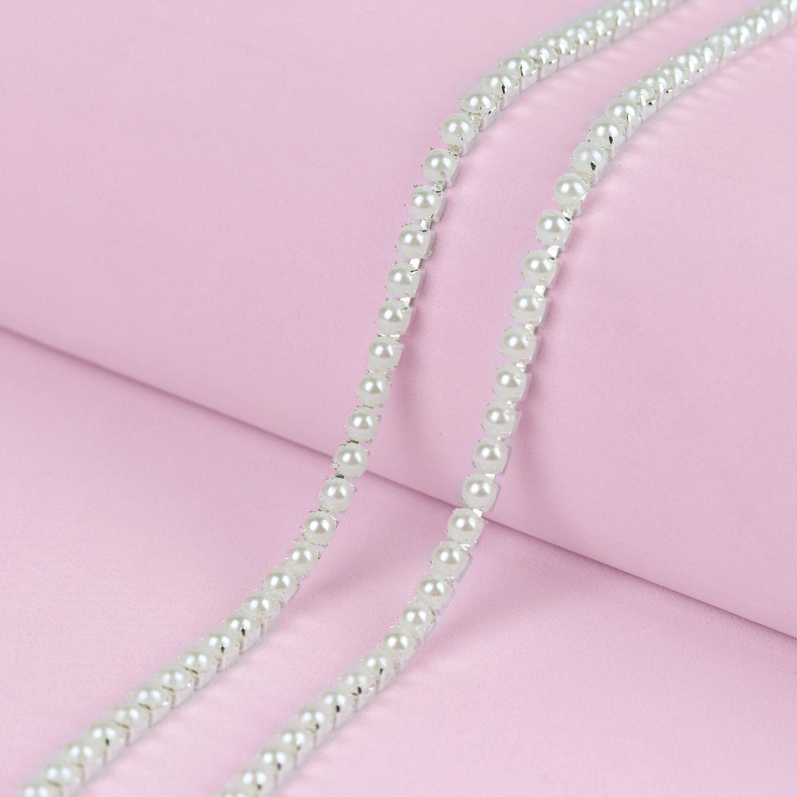 Цепь с жемчугом, 3,5 мм, 9 ± 1 м, цвет серебряный