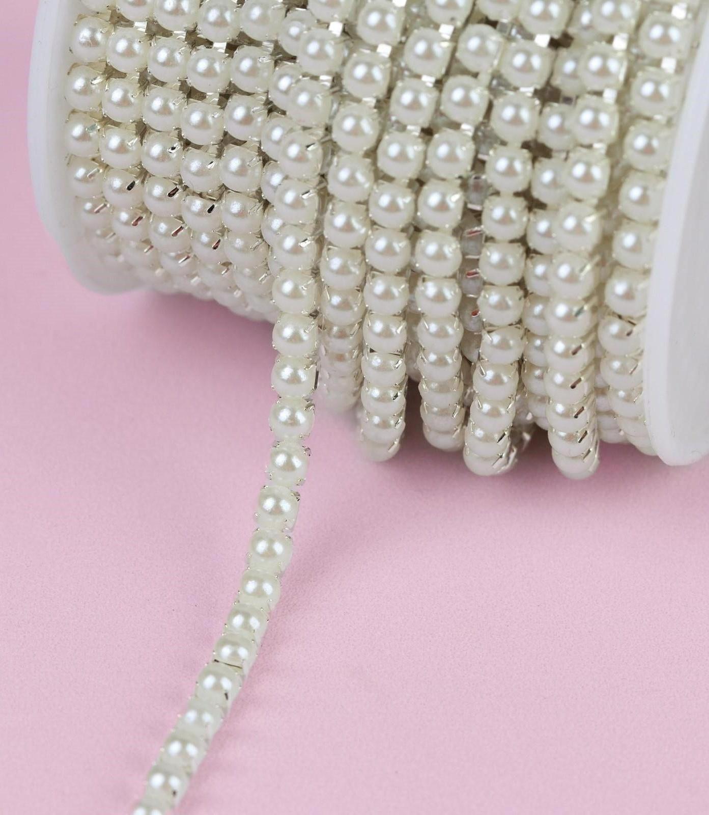 Цепь с жемчугом, 3,5 мм, 9 ± 1 м, цвет серебряный