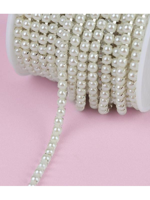 Цепь с жемчугом, 3,5 мм, 9 ± 1 м, цвет серебряный