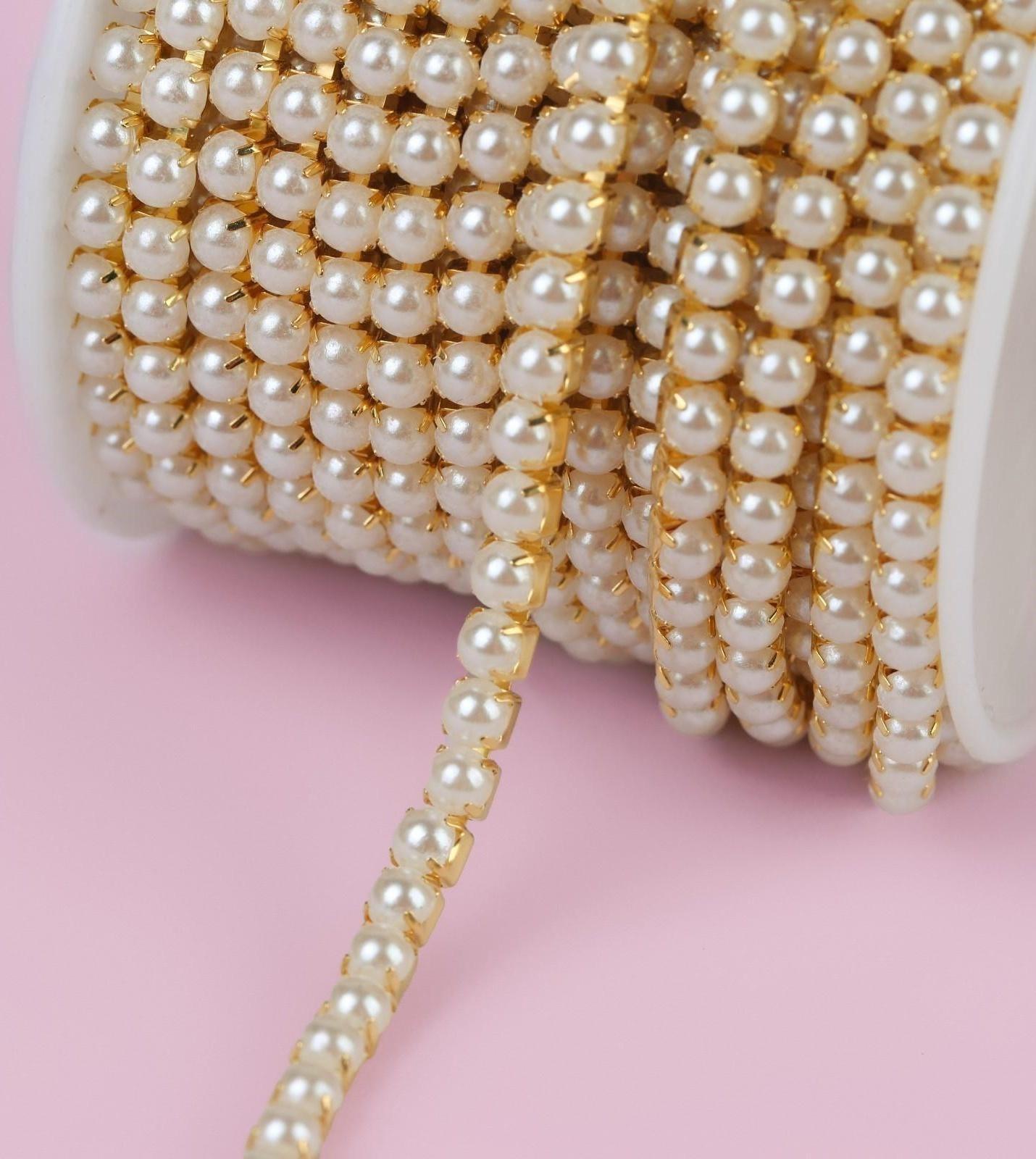 Цепь с жемчугом, 3,5 мм, 9 ± 1 м, цвет золотой