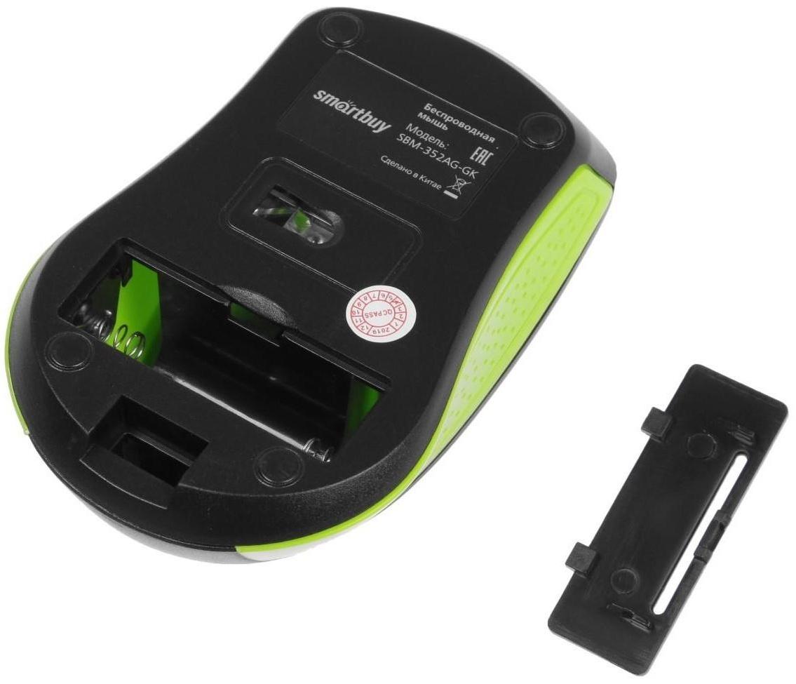 Мышь Smartbuy ONE 352, беспроводная, оптическая, 1600 dpi, 2xAAA (не в компл), зелёно-чёрная
