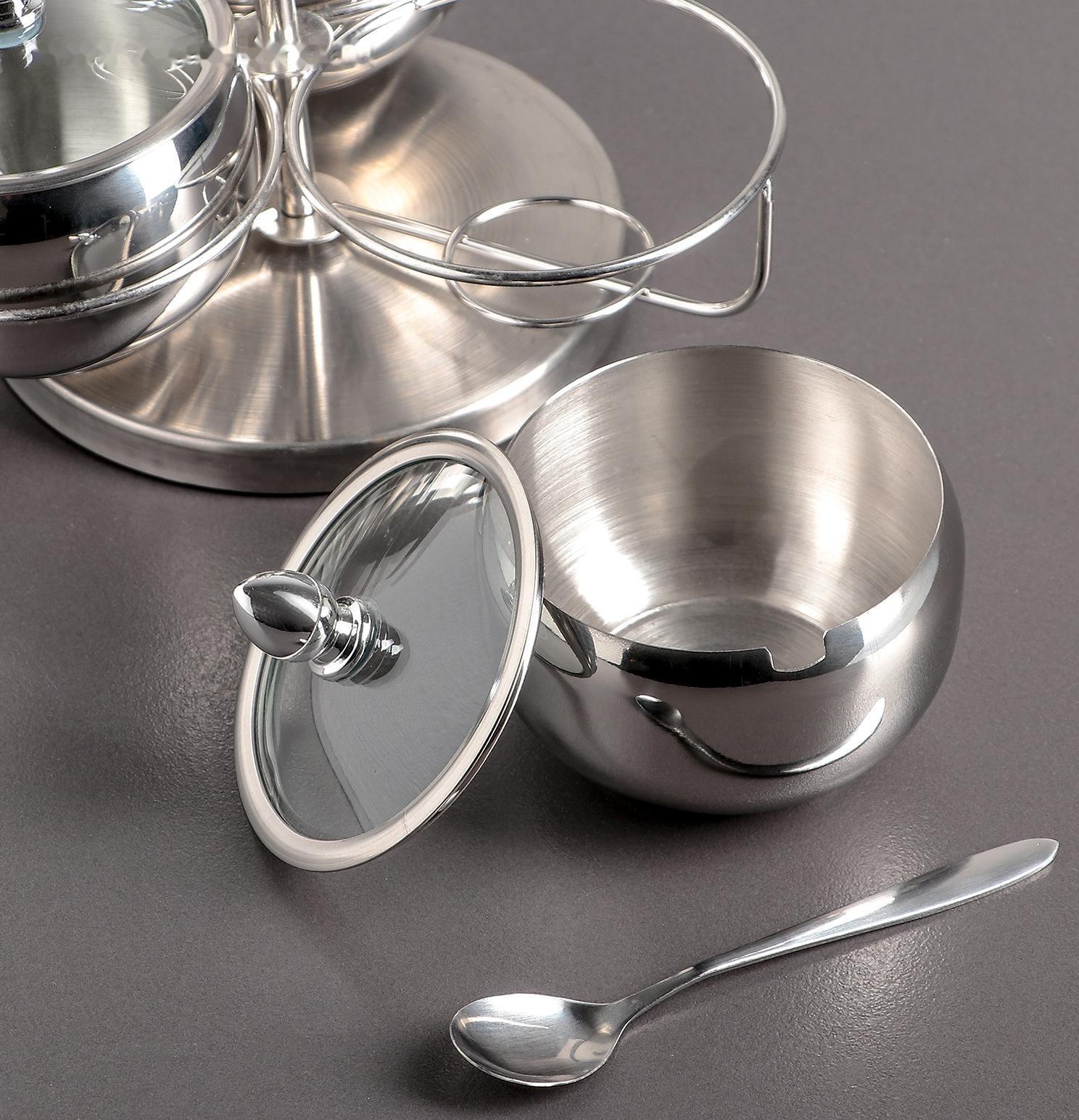 Набор сахарниц из нержавеющей стали, 19×14 см, на крутящейся подставке с ложками, 3 шт