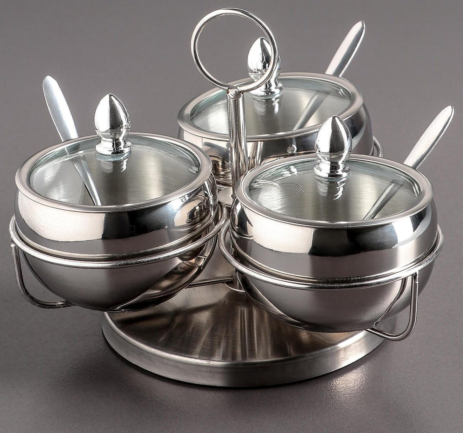 Набор сахарниц из нержавеющей стали, 19×14 см, на крутящейся подставке с ложками, 3 шт