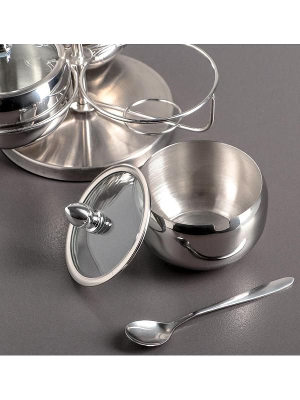 Набор сахарниц из нержавеющей стали, 19×14 см, на крутящейся подставке с ложками, 3 шт