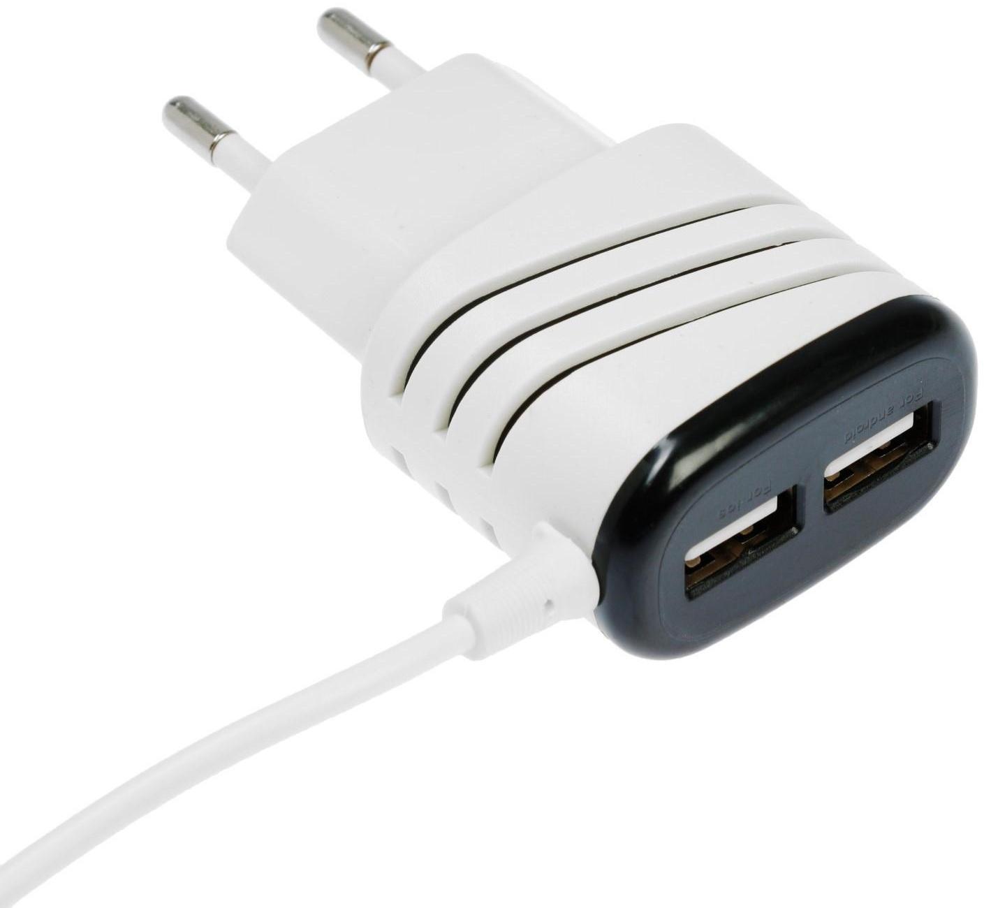 Сетевое зарядное устройство LuazON LCC-24, 2 USB, microUSB, 1 A, 1 м, черно-белое