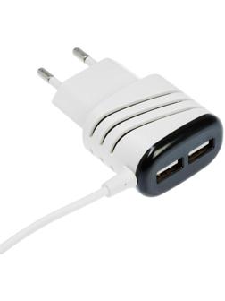 Сетевое зарядное устройство LuazON LCC-24, 2 USB, microUSB, 1 A, 1 м, черно-белое