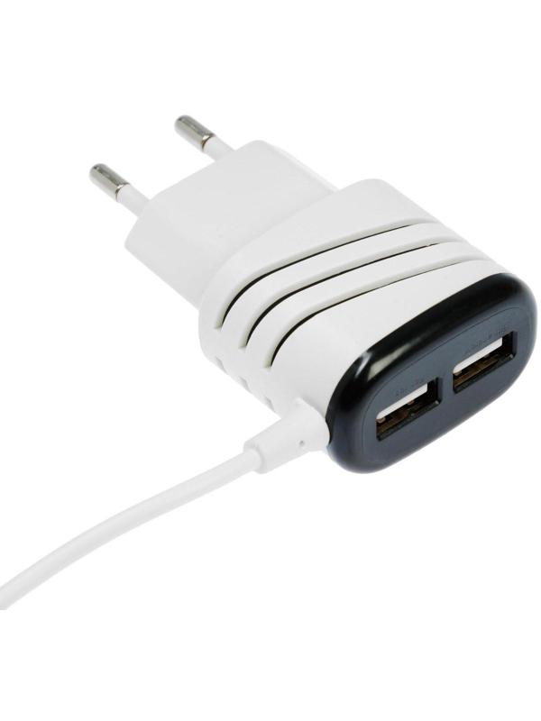 Сетевое зарядное устройство LuazON LCC-24, 2 USB, microUSB, 1 A, 1 м, черно-белое