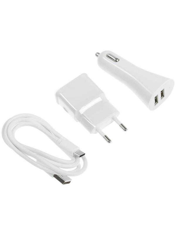 Комплект для зарядки 3 в 1 LuazON UC-30, АЗУ 2.1/1А, Type-C 1A, 1 м, СЗУ 1A, белый