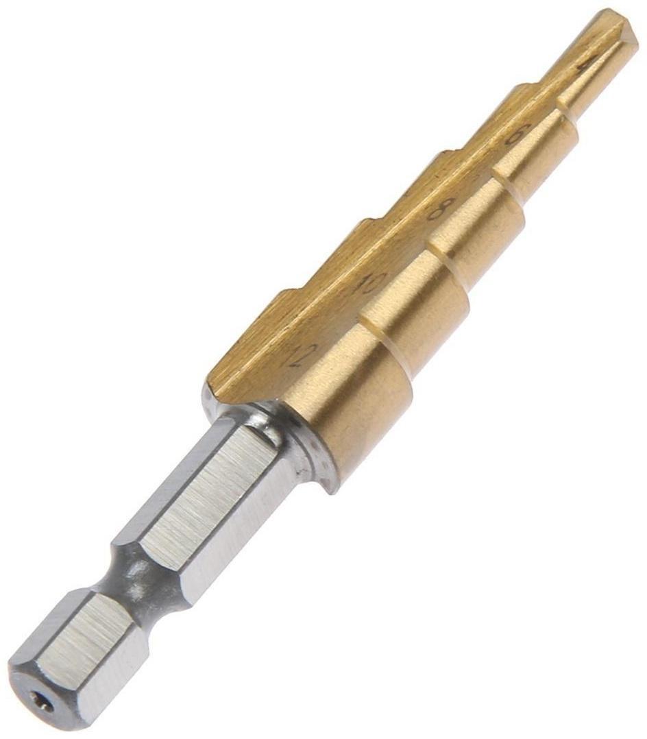 Сверло ступенчатое ТУНДРА, HSS, TiN, шестигранный хвостовик, 4 - 12 мм