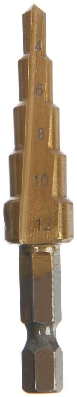 Сверло ступенчатое ТУНДРА, HSS, TiN, шестигранный хвостовик, 4 - 12 мм