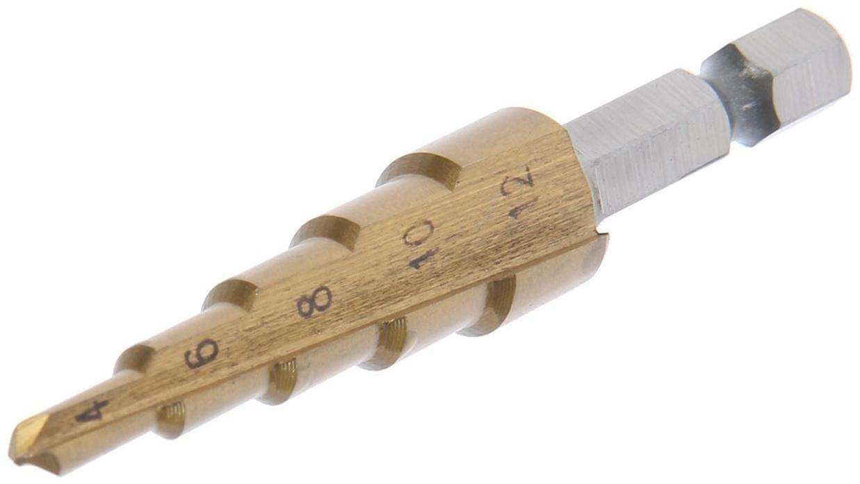 Сверло ступенчатое ТУНДРА, HSS, TiN, шестигранный хвостовик, 4 - 12 мм