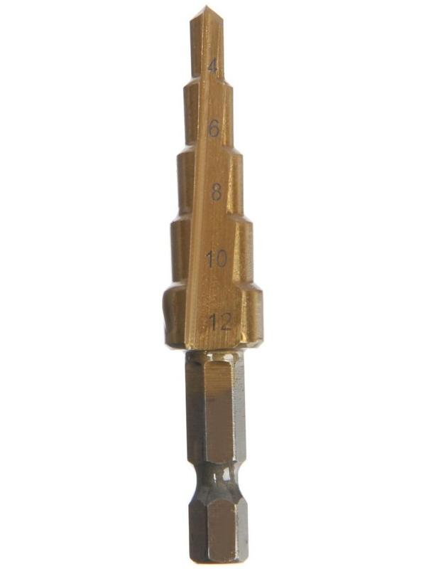 Сверло ступенчатое ТУНДРА, HSS, TiN, шестигранный хвостовик, 4 - 12 мм