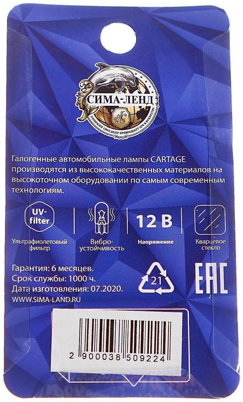 Галогенная лампа Cartage BLUE T10 W5W, 12 В, 5 Вт, набор 10 шт