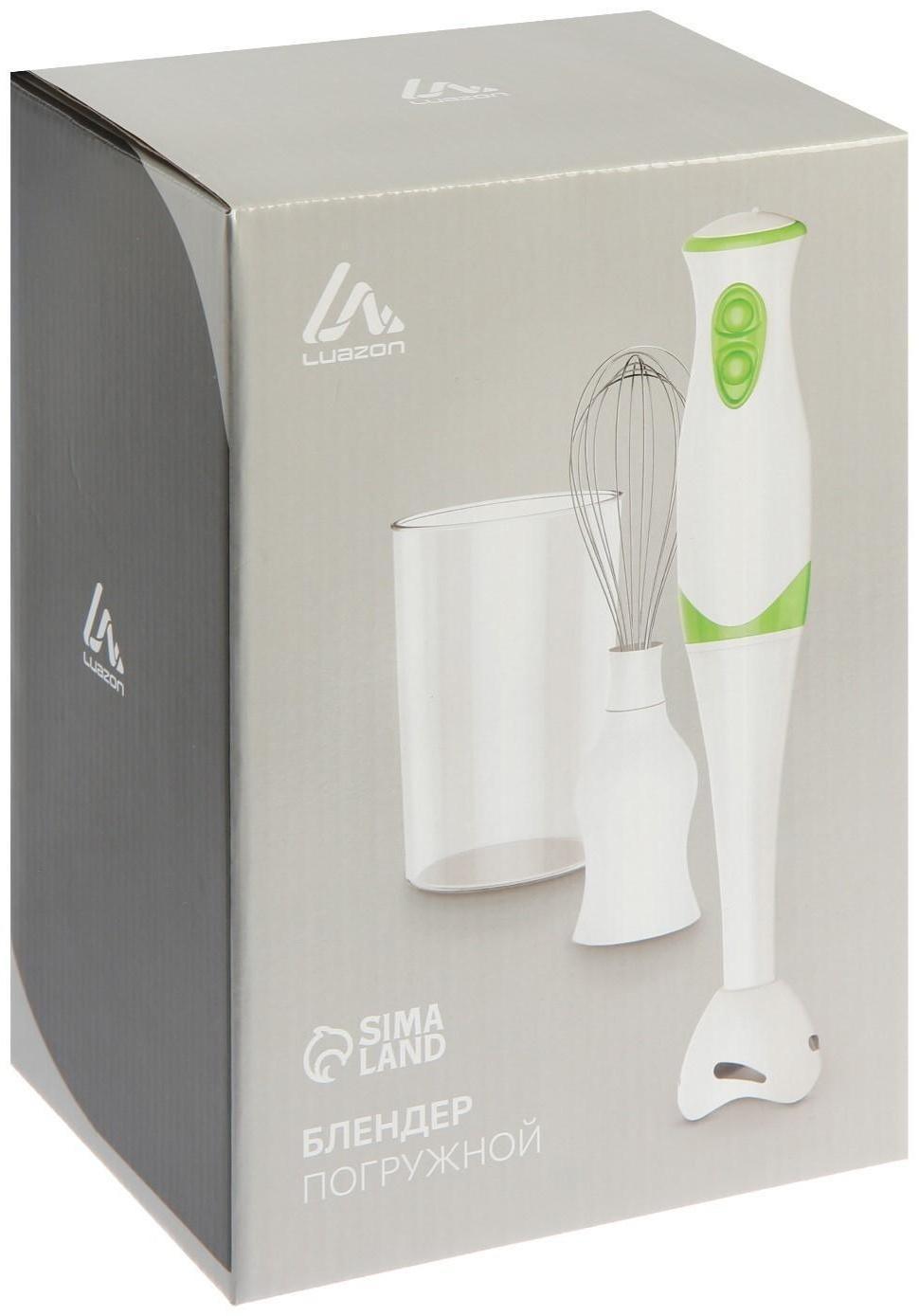 Блендер Luazon LBR-26, погружной, 300 Вт, 0.6 л, 2 скорости, бело-зеленый