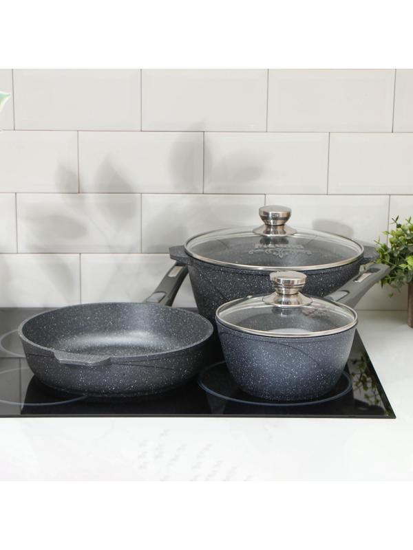 Набор посуды №1 «Гранит», 3 предмета: сковорода d=26 см, ковш 1,7 л, кастрюля 5 л, крышки, антипригарное покрытие