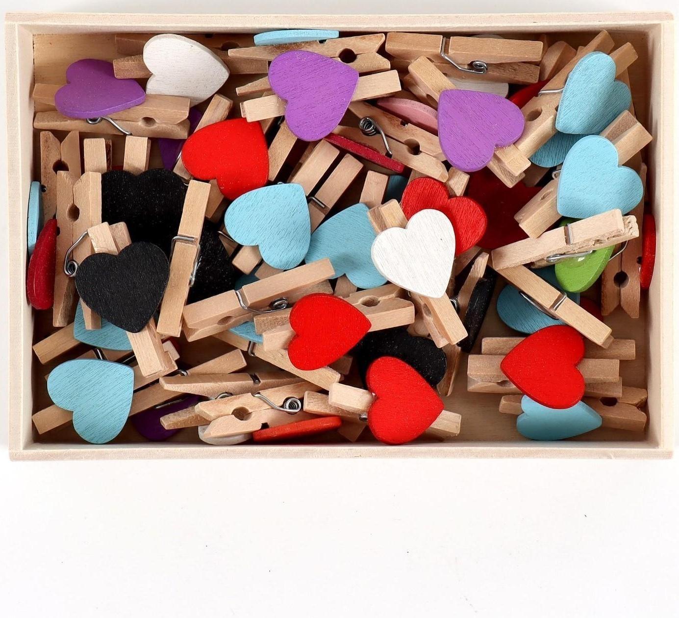 Набор прищепок в деревянной коробке «Сердечки» набор 50 шт.