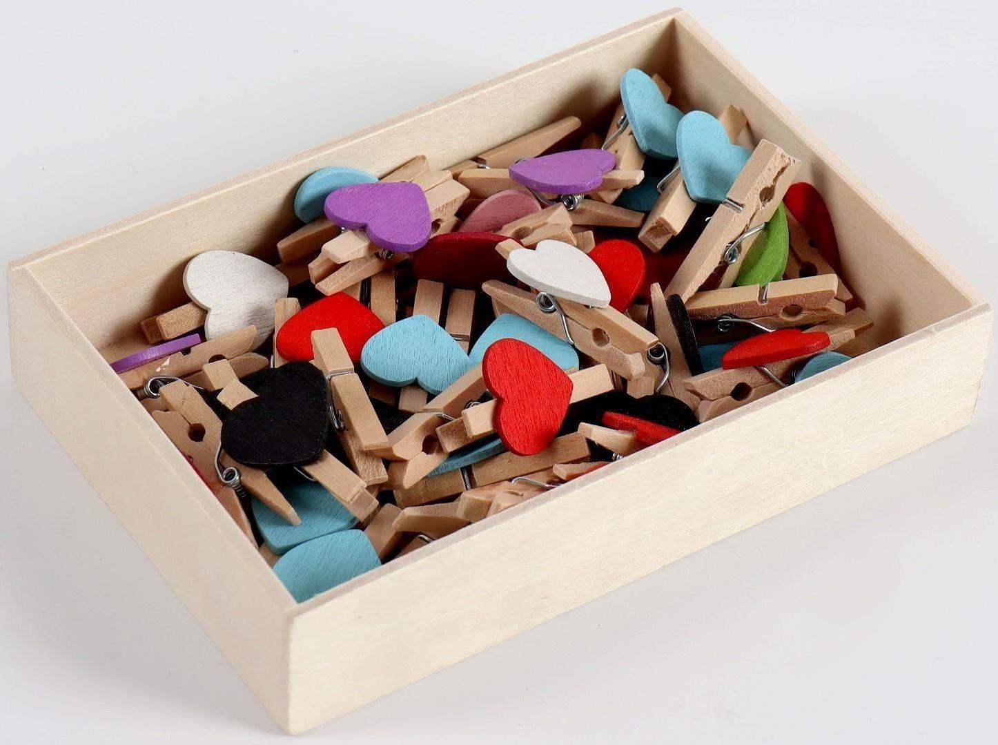 Набор прищепок в деревянной коробке «Сердечки» набор 50 шт.