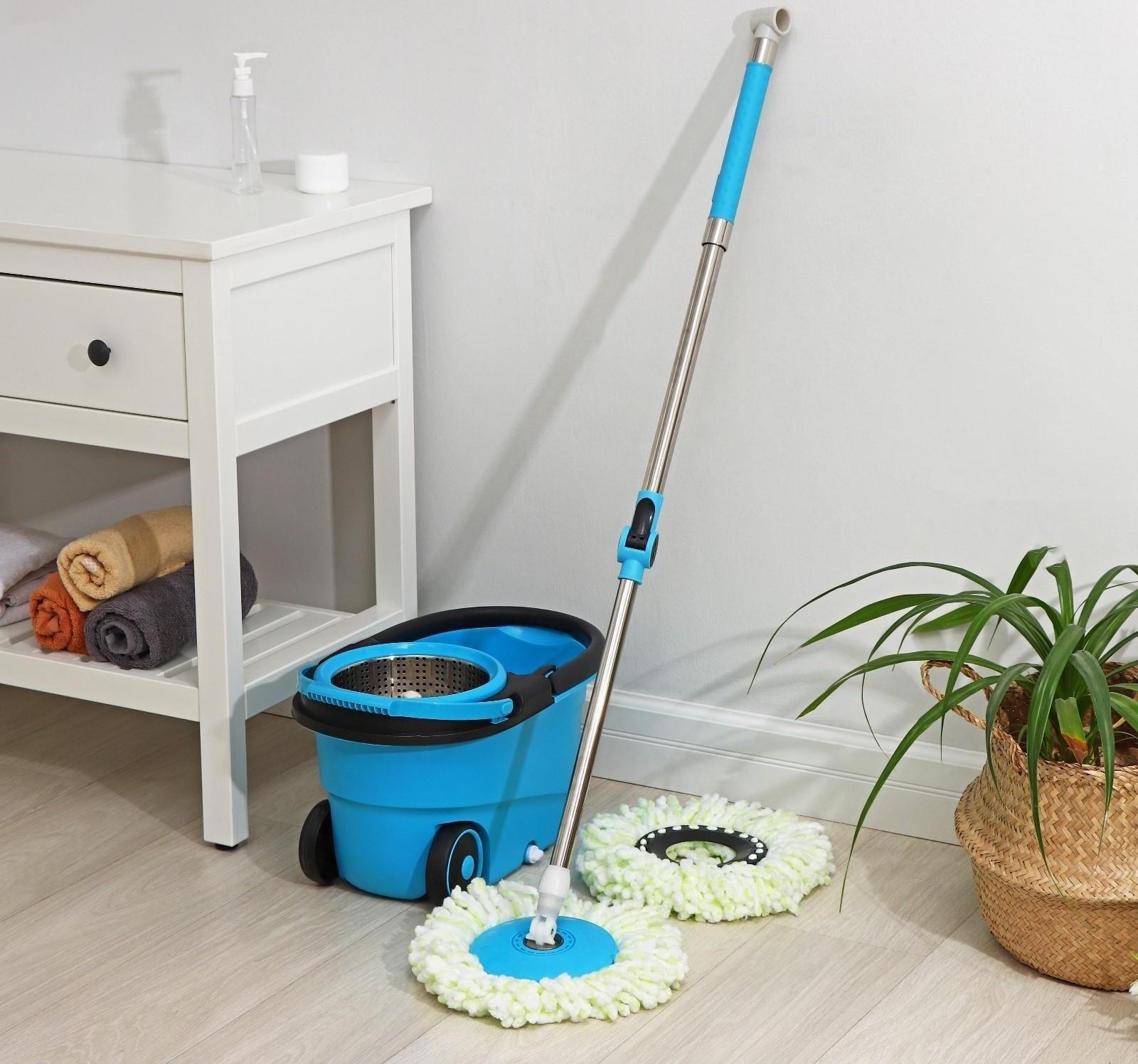 Набор для уборки: ведро на колёсиках с металлической центрифугой 18 л, швабра, запасная насадка из микрофибры, цвет синий