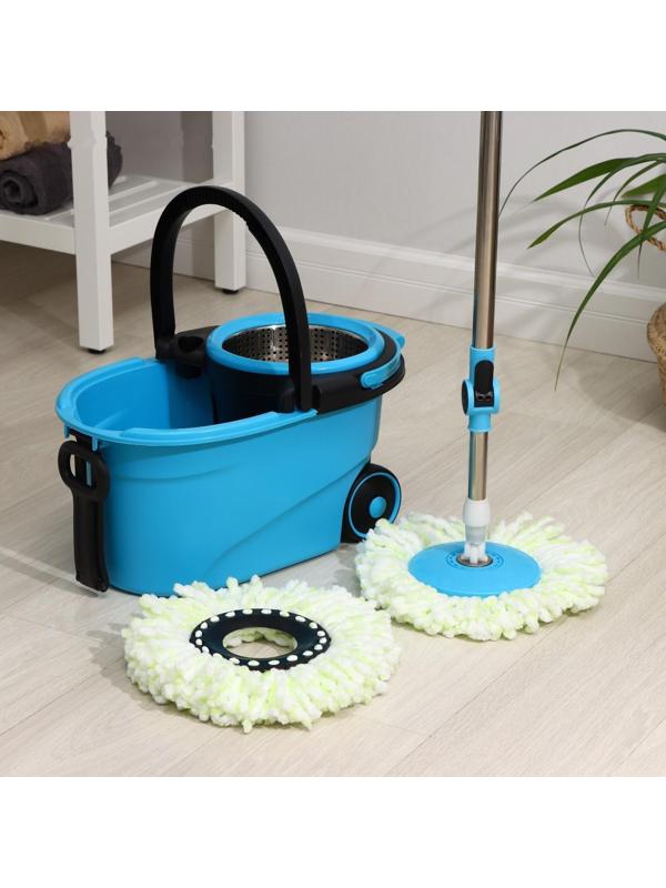 Набор для уборки: ведро на колёсиках с металлической центрифугой 18 л, швабра, запасная насадка из микрофибры, цвет синий