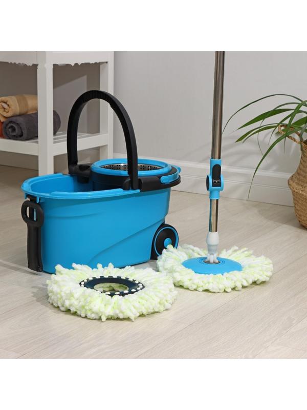 Набор для уборки: ведро на колёсиках с металлической центрифугой 18 л, швабра, запасная насадка из микрофибры, цвет синий