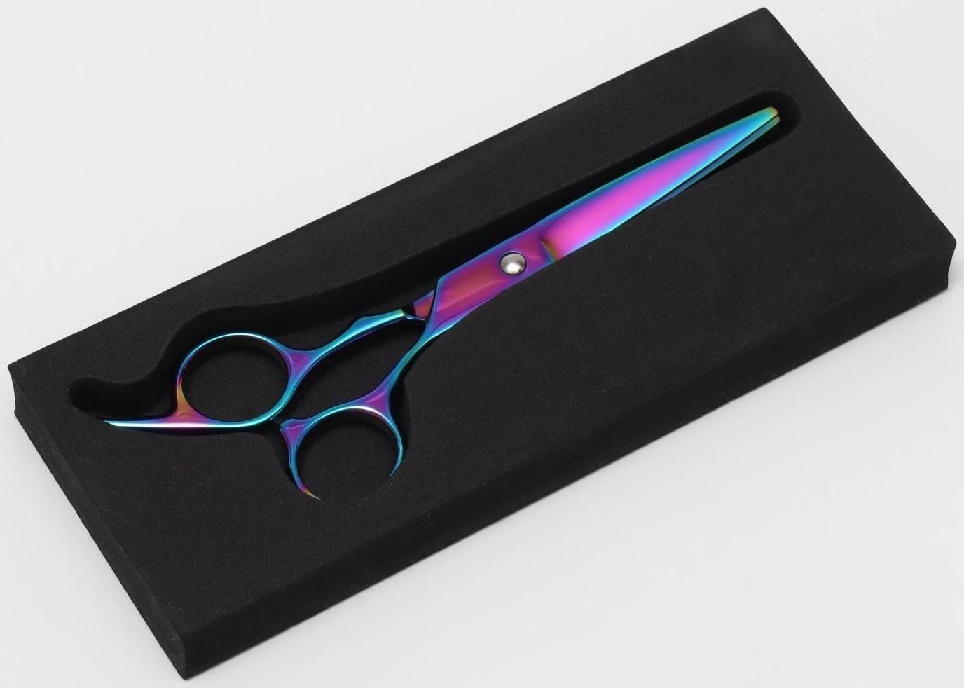 Ножницы парикмахерские с упором «Premium», загнутые кольца, лезвие — 6 см, цвет хамелеон