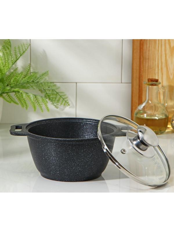 Кастрюля, 1 л, стеклянная крышка, антипригарное покрытие, цвет тёмный мрамор