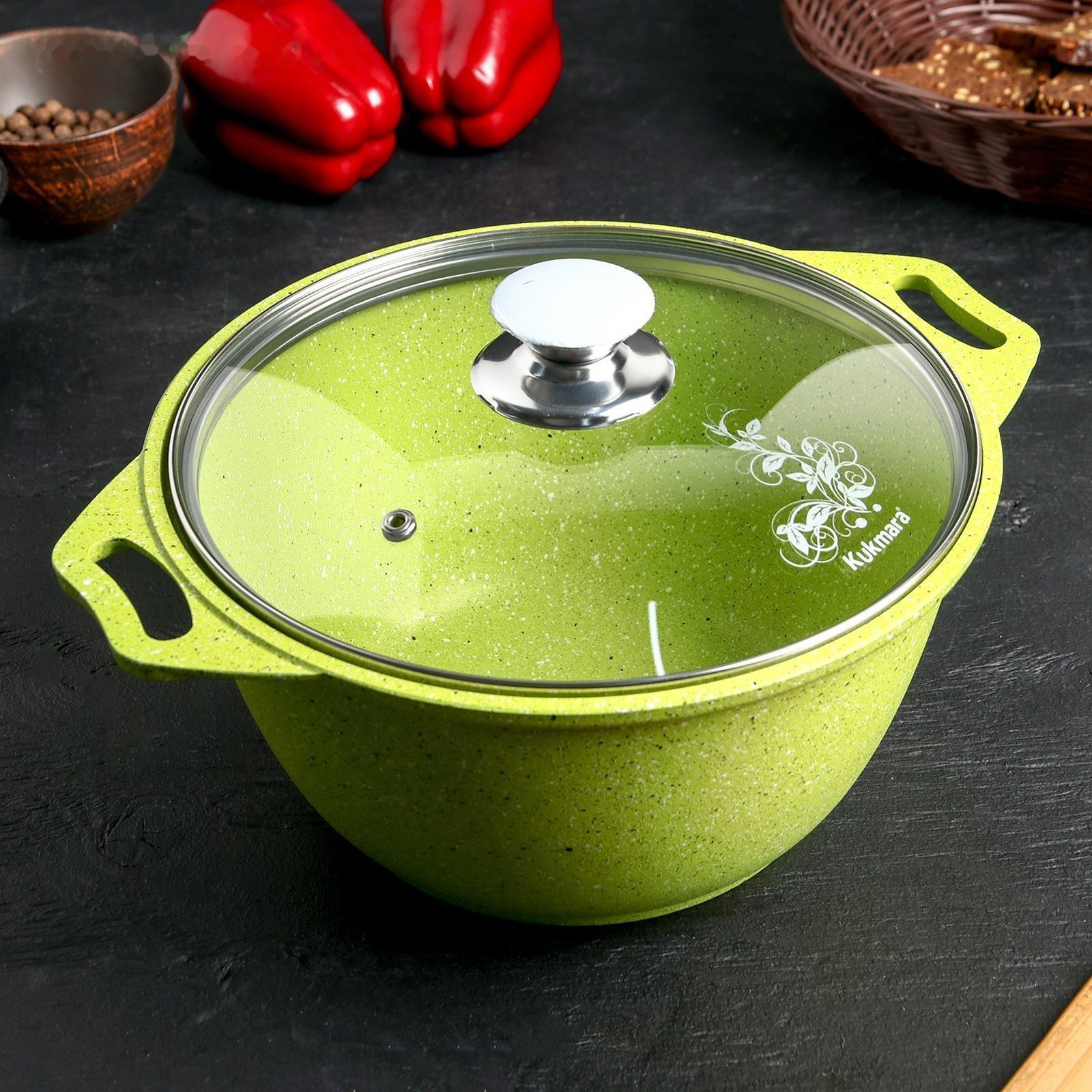 Кастрюля Trendy style, 3 л, стеклянная крышка, антипригарное покрытие, цвет зелёный