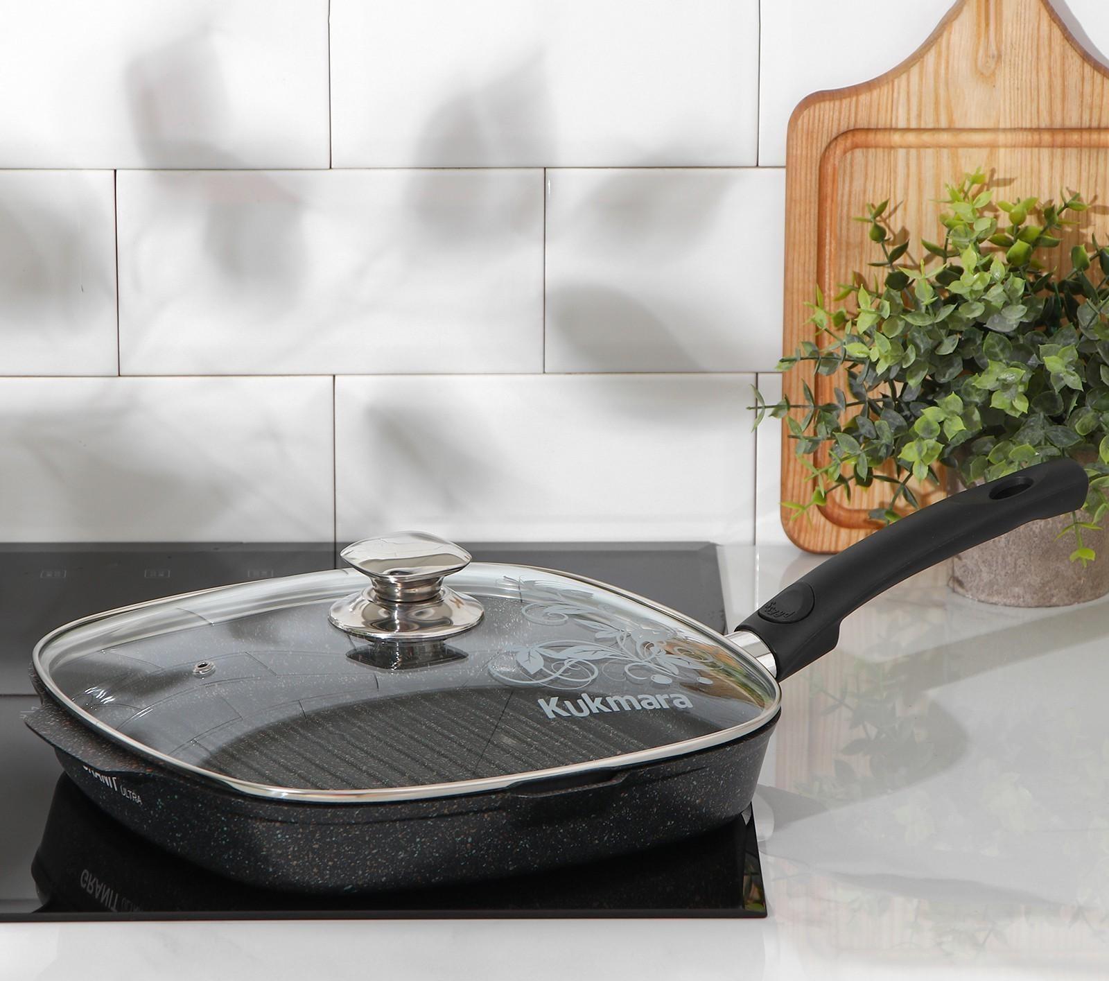 Сковорода-гриль квадратная Granit ultra, 28×28 см, съёмная ручка, стеклянная крышка, антипригарное покрытие, цвет чёрный