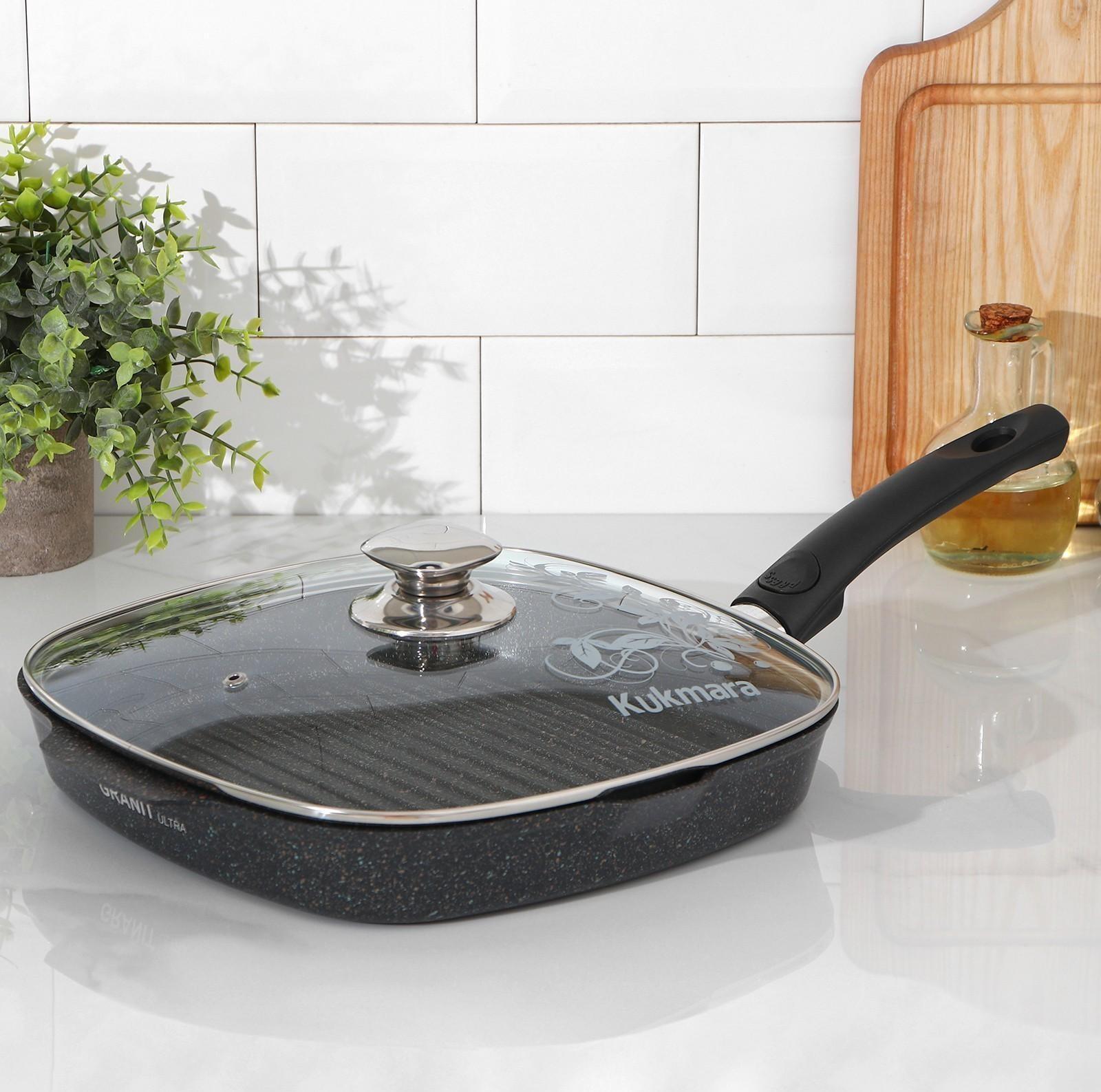 Сковорода-гриль квадратная Granit ultra, 28×28 см, съёмная ручка, стеклянная крышка, антипригарное покрытие, цвет чёрный