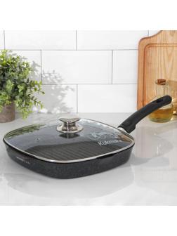 Сковорода-гриль квадратная Granit ultra, 28×28 см, съёмная ручка, стеклянная крышка, антипригарное покрытие, цвет чёрный