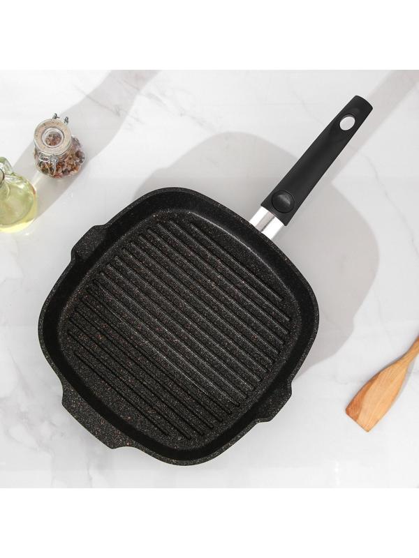 Сковорода-гриль квадратная Granit ultra, 28×28 см, съёмная ручка, стеклянная крышка, антипригарное покрытие, цвет чёрный