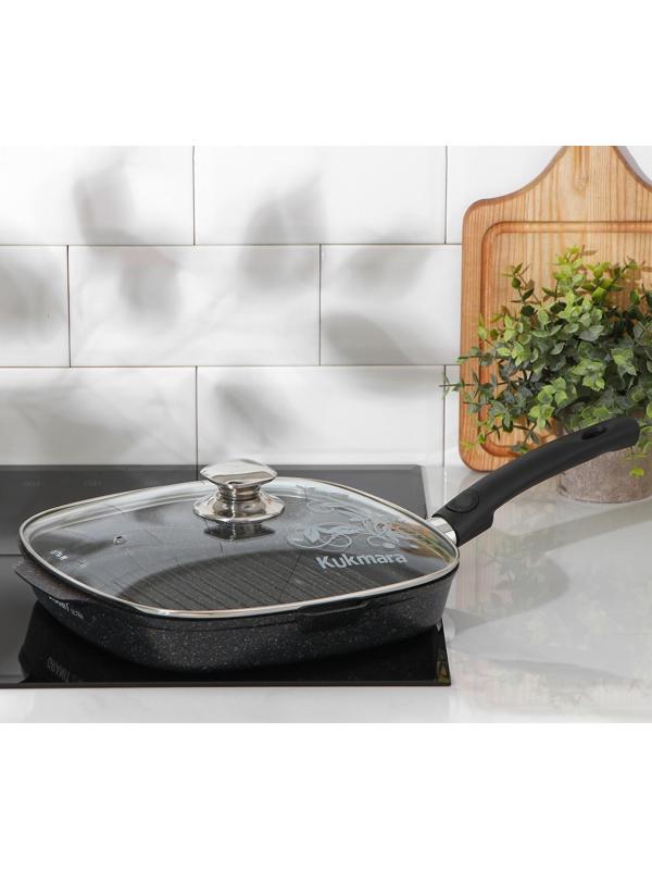 Сковорода-гриль квадратная Granit ultra, 28×28 см, съёмная ручка, стеклянная крышка, антипригарное покрытие, цвет чёрный