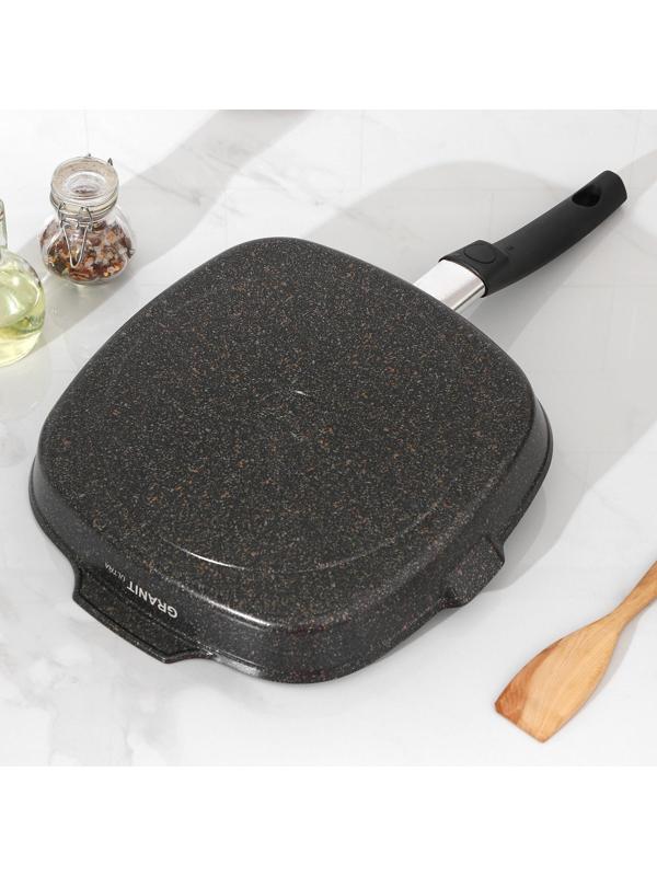 Сковорода-гриль квадратная Granit ultra, 28×28 см, съёмная ручка, стеклянная крышка, антипригарное покрытие, цвет чёрный