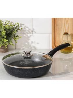 Сковорода, d=24 см, пластиковая ручка, стеклянная крышка, антипригарное покрытие, цвет тёмный мрамор