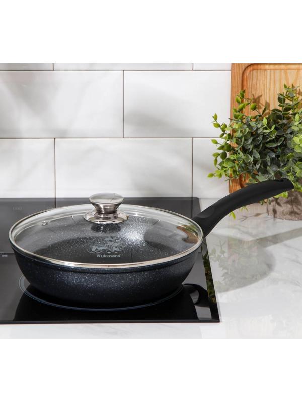 Сковорода, d=24 см, пластиковая ручка, стеклянная крышка, антипригарное покрытие, цвет тёмный мрамор