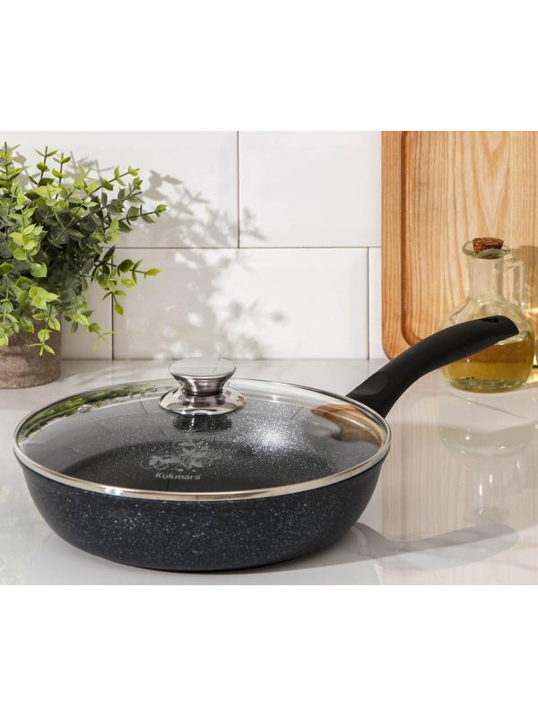 Сковорода, d=24 см, пластиковая ручка, стеклянная крышка, антипригарное покрытие, цвет тёмный мрамор