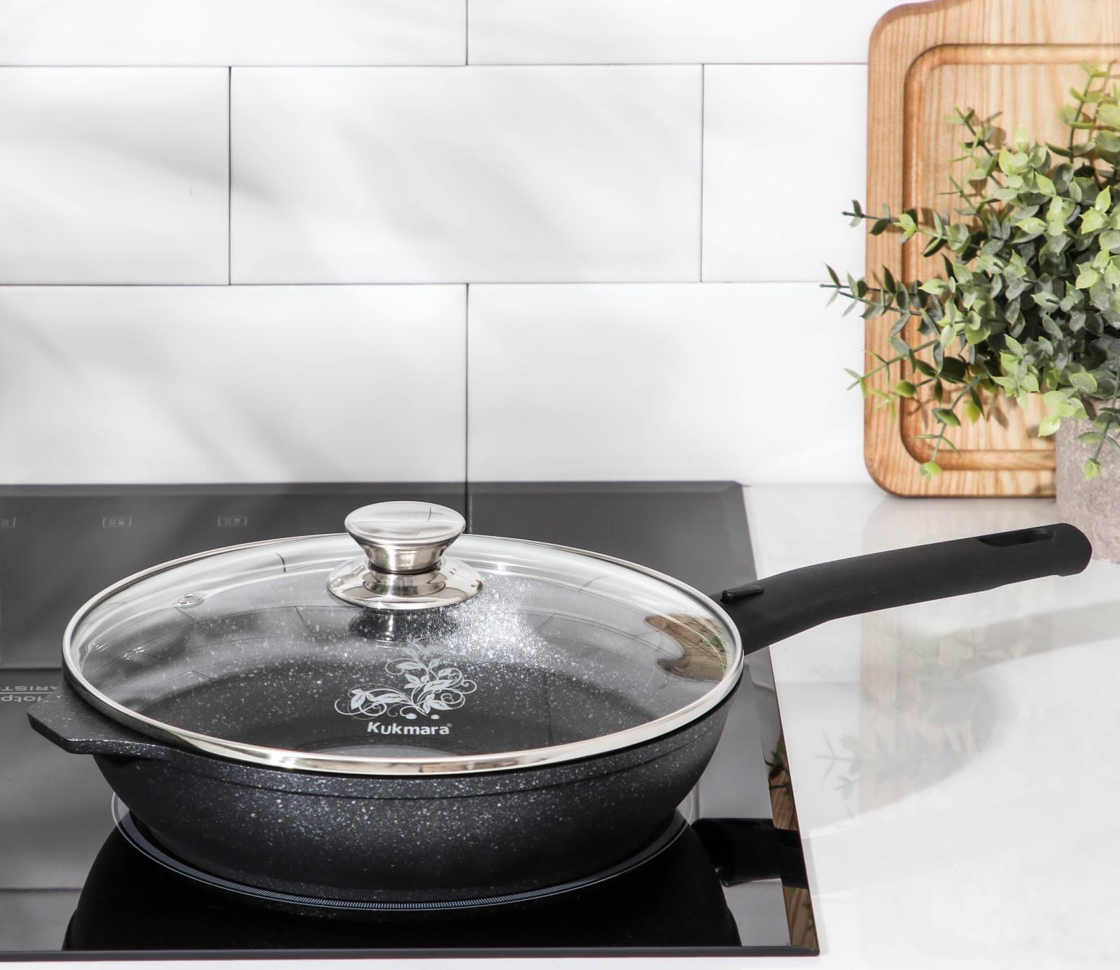 Сковорода, d=24 см, съёмная ручка, стеклянная крышка, антипригарное покрытие, цвет тёмный мрамор