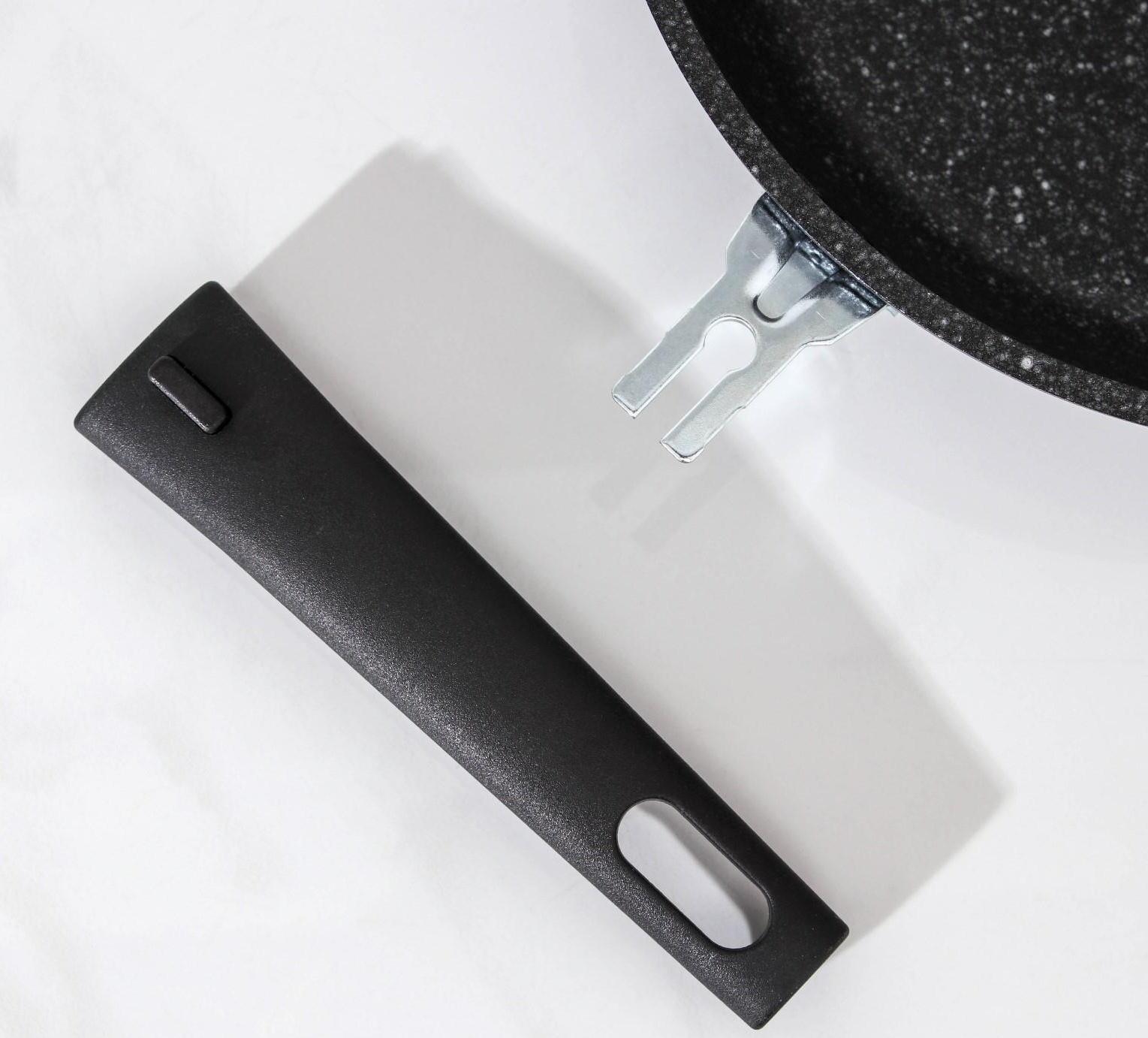 Сковорода, d=24 см, съёмная ручка, стеклянная крышка, антипригарное покрытие, цвет тёмный мрамор