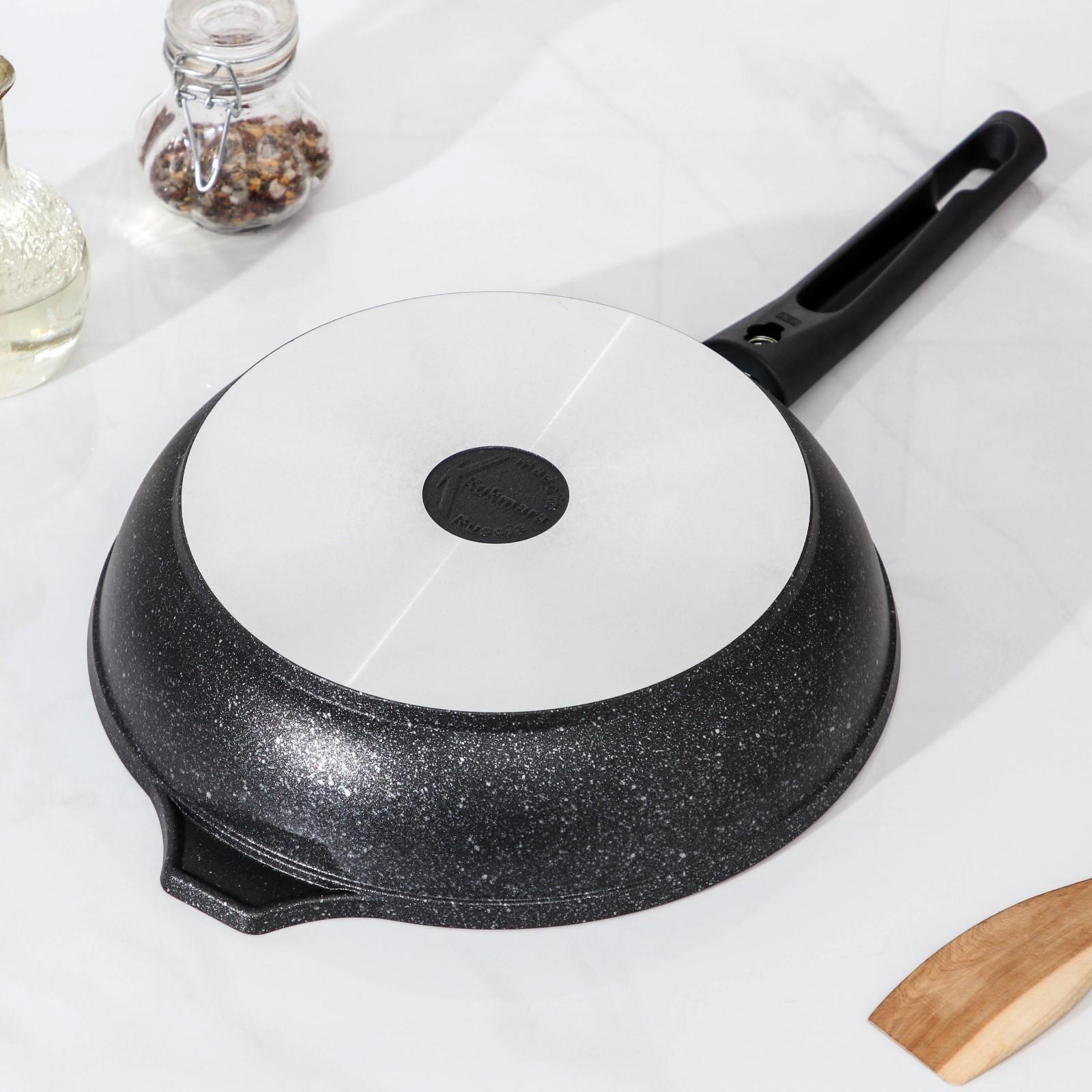 Сковорода, d=24 см, съёмная ручка, стеклянная крышка, антипригарное покрытие, цвет тёмный мрамор