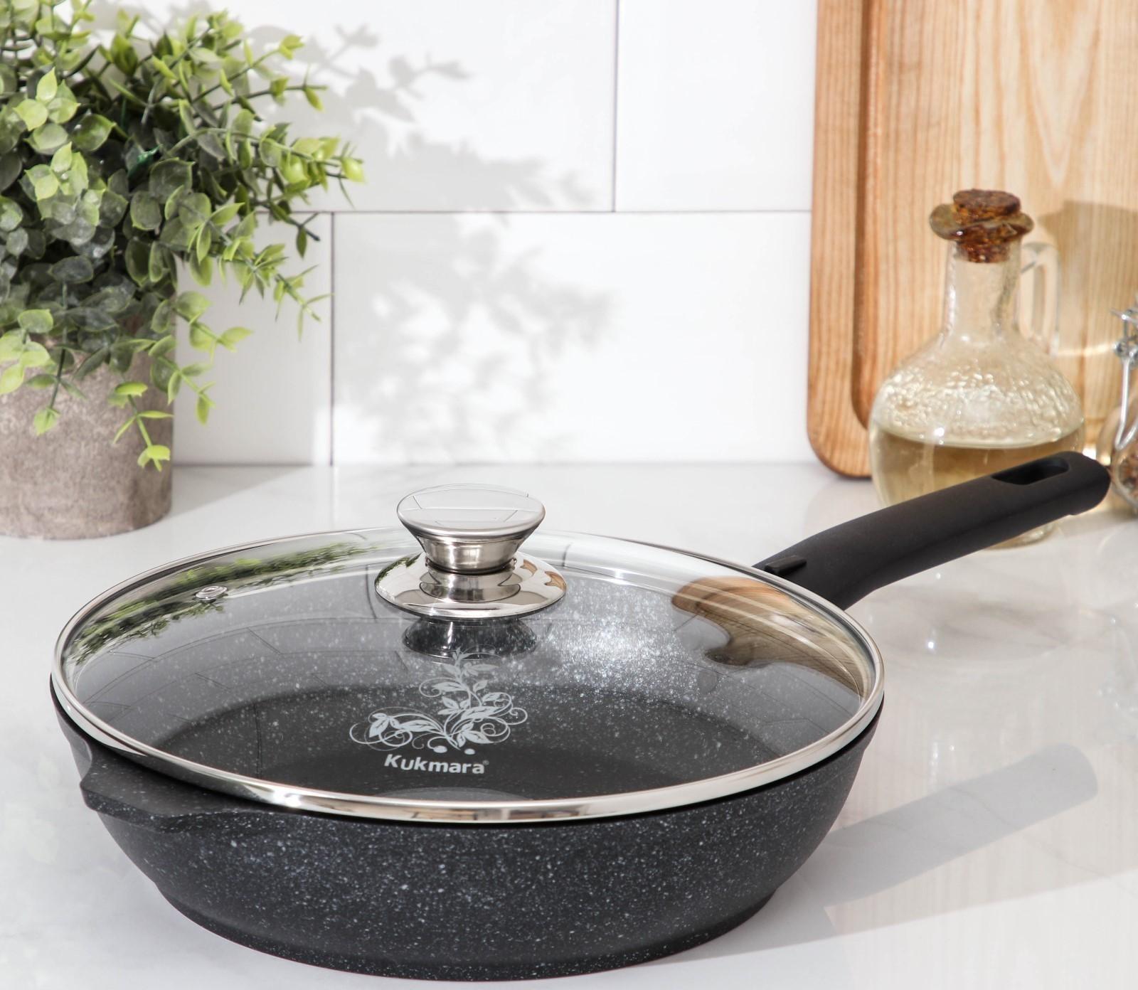 Сковорода, d=24 см, съёмная ручка, стеклянная крышка, антипригарное покрытие, цвет тёмный мрамор