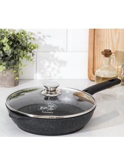 Сковорода, d=24 см, съёмная ручка, стеклянная крышка, антипригарное покрытие, цвет тёмный мрамор
