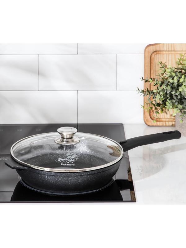 Сковорода, d=24 см, съёмная ручка, стеклянная крышка, антипригарное покрытие, цвет тёмный мрамор