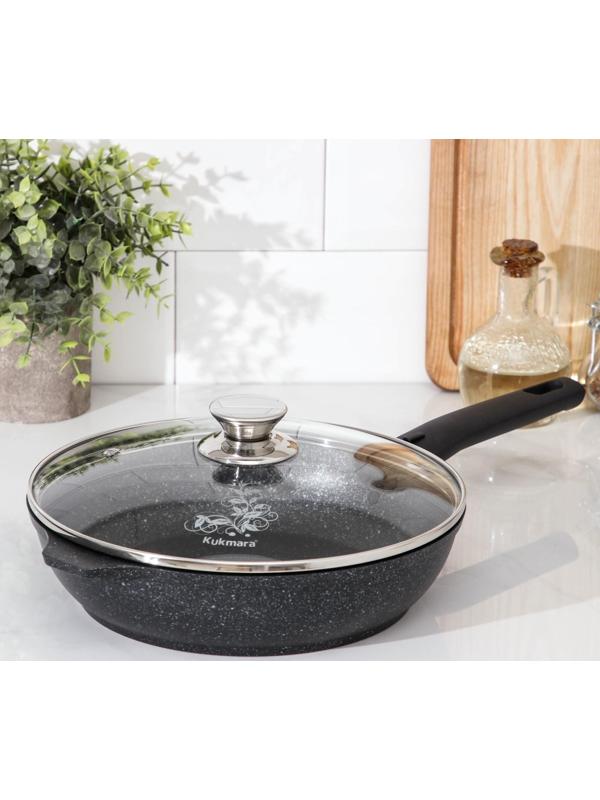 Сковорода, d=24 см, съёмная ручка, стеклянная крышка, антипригарное покрытие, цвет тёмный мрамор
