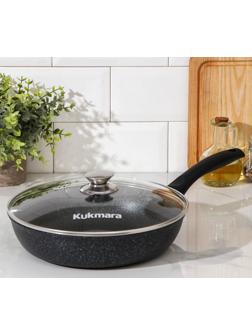 Сковорода, d=26 см, пластиковая ручка, стеклянная крышка, антипригарное покрытие, цвет тёмный мрамор