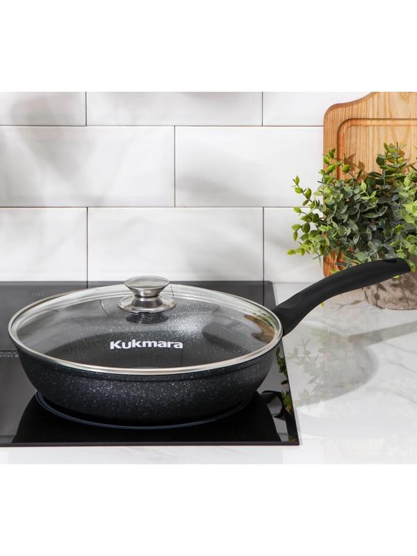 Сковорода, d=26 см, пластиковая ручка, стеклянная крышка, антипригарное покрытие, цвет тёмный мрамор