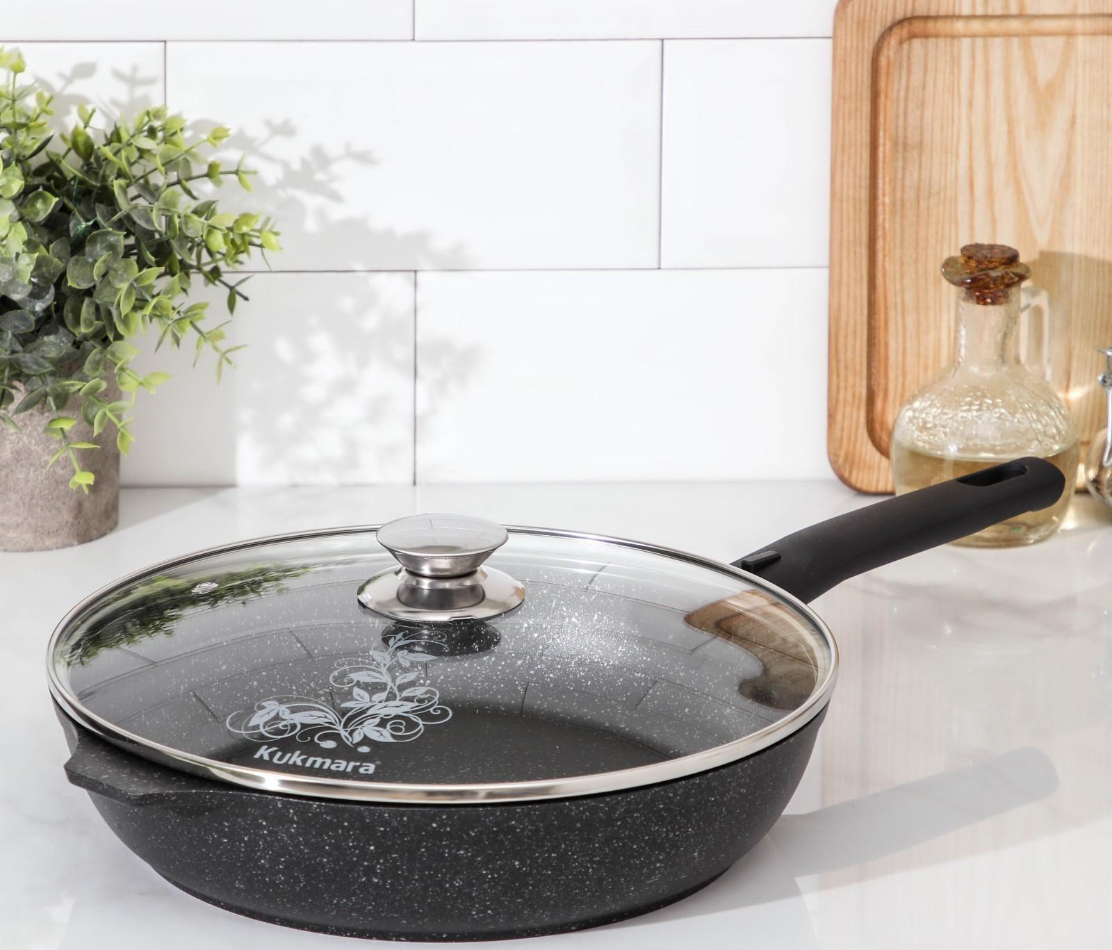 Сковорода, d=26 см, съёмная ручка, стеклянная крышка, антипригарное покрытие, цвет тёмный мрамор